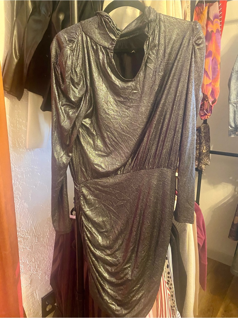 Generation Love Metallic Gunmetal Long Sleeve Draped Dress
